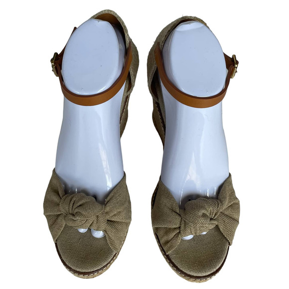 Tory Burch Macy Metallic Linen Peep Toe Knotted Band Espadrille Wedge Heel sz 10 - Picture 3 of 14